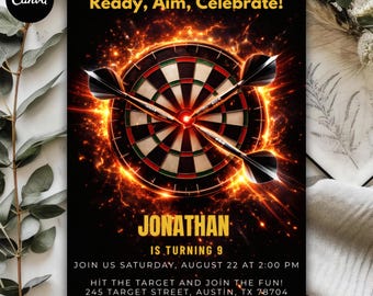 Invitación de cumpleaños con temática de dardos, plantilla editable para fiesta deportiva, invitación para niño (descarga digital)