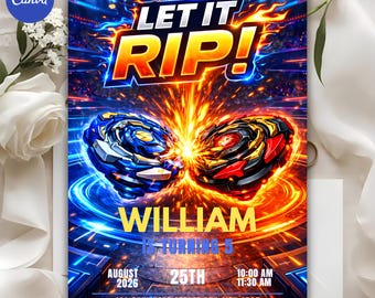 Invitación de cumpleaños de Beyblade, invitación editable para fiesta de batalla, plantilla infantil de 5x7 pulgadas para Canva (descarga digital)