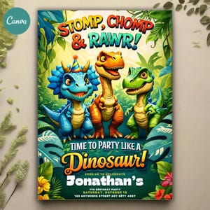 Invito di compleanno a tema dinosauri, festa T-Rex, modello modificabile (download digitale 5x7)