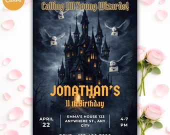 魔法の誕生日招待状テンプレート、編集可能なCanva 5x7、子供向けダークキャッスルファンタジーパーティー招待状