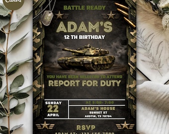 Editable Military Birthday Invitation, Army Tank Camouflage Canva Template (Digital Download)