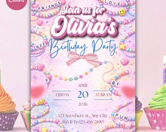 Inbjudan till födelsedagsarmband med vänskap | Pastellpärlfest, barn och tonåringar (digital nedladdning)