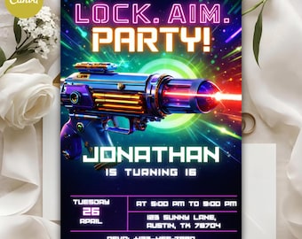 Invitación de cumpleaños con temática de laser tag neón – Plantilla editable de Canva (Descarga digital)
