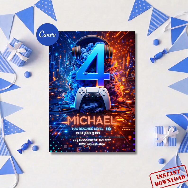 Invito per il 4° compleanno a tema videogioco, ragazzo giocatore, modello Canva modificabile (PDF/JPG/PNG 5x7") immagine 2