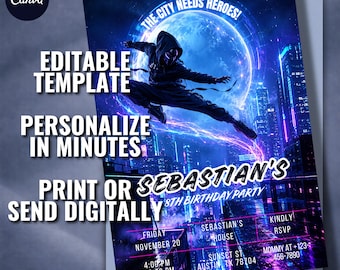 Cyberpunk Superhero Birthday Invitation – Neon Hero 5x7 Canva Template (Digital Download)