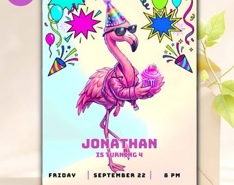 Flamingo födelsedagsinbjudan, redigerbar Canvas-mall (digital nedladdning 5x7)