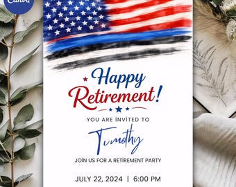 Invitación de jubilación editable, plantilla patriótica de Canva (descarga de 5x7)