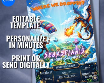 Battle Royale Dragon Joint Birthday Invitation, Fantasy Party Template (5x7 Digital Download)