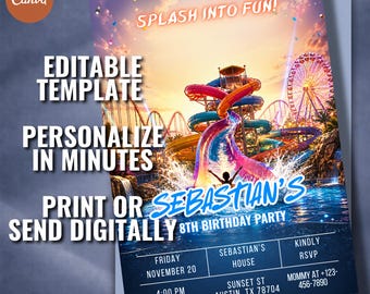 Water Park Birthday Invitation, Editable Canva Pool Party Invite (5x7)