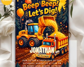 Invitación de cumpleaños editable con temática de construcción, invitación para fiesta con excavadora, plantilla de Canva (5x7)
