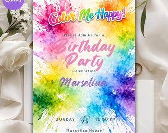 Invitación de cumpleaños con acuarela de arcoíris, invitación editable para fiestas en Canva (descarga digital)