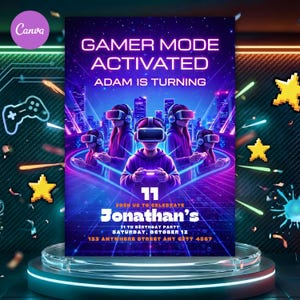 VR Gamer Birthday Invitation, Neon Synthwave Party (Digital Invite 5x7in Template )