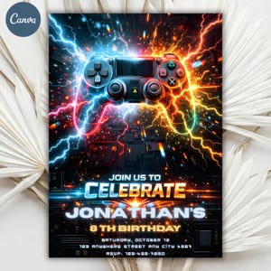 May include: A digital illustration of a black video game controller with red, blue, and yellow lightning bolts. The invitation reads "Join us to Celebrate Jonathan's 8th Birthday" with event details.
