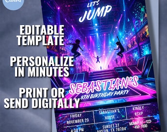 Neon Trampoline Park Birthday Invitation, Editable Glow Jump Party Invite (Canva)