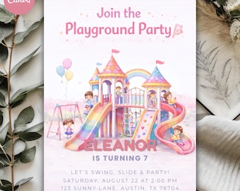 Invitación de cumpleaños con temática de parque infantil, plantilla de invitación para fiesta infantil en tonos pastel (Canva 5x7)