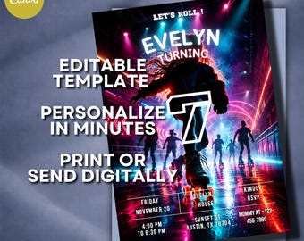 Neon Glow Roller Skate Birthday Invitation | Editable Canva Party Template