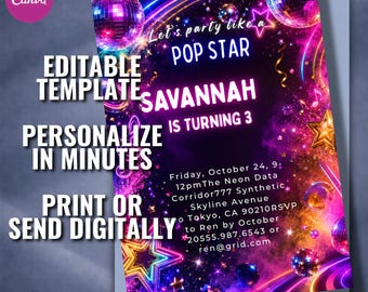 Pop Star Birthday Invitation, Neon Disco Glow Party Invite (Editable Canva Template)
