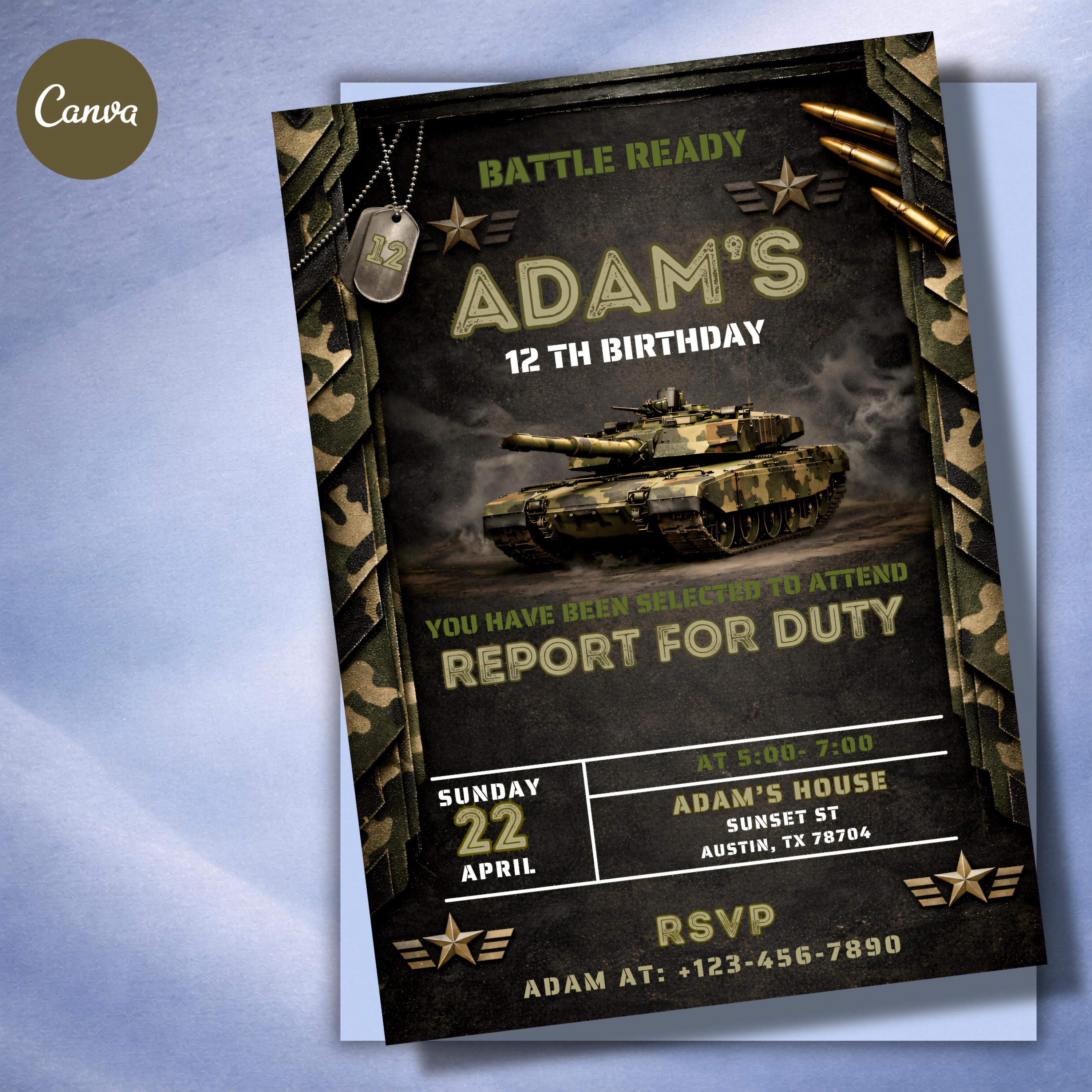Editable Military Birthday Invitation, Army Tank Camouflage Canva ...