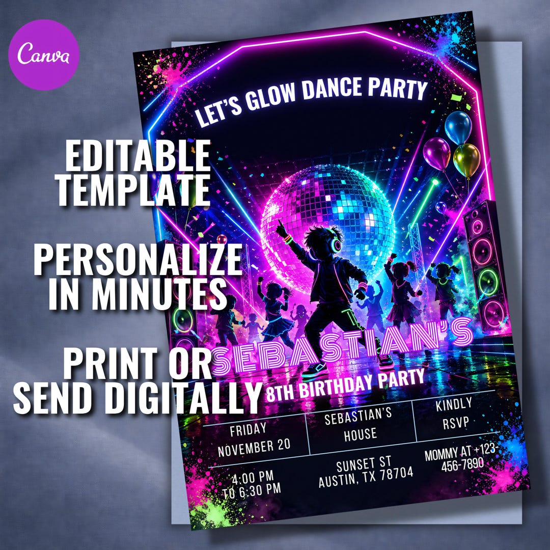 Editable Glow Birthday Invitation, Neon Dance Party Canva Template (5x7 ...