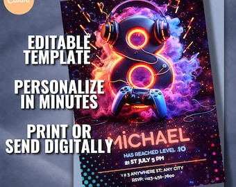 Invito di compleanno a tema videogiochi, Level Up, festa per giocatori, 5x7 Canva (CM2)