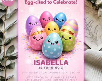 Invitación de cumpleaños con diseño de huevo editable, invitación para fiesta de Pascua en tonos pastel, plantilla Kawaii para Canva (5x7)