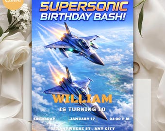 Invitación de cumpleaños con temática de avión de combate supersónico / Piloto, diseño editable de 5x7 pulgadas en Canva (descarga digital)