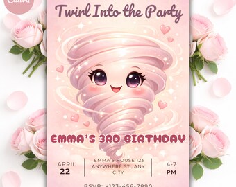 パーティーに飛び込もう！パステルカラーの竜巻ガールバースデー招待状（デジタルダウンロード）