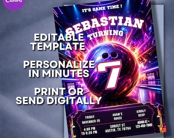 Neon Bowling Birthday Invitation Template, Editable Canva Invite, Kids Bowling Party, 5x7 Digital Download