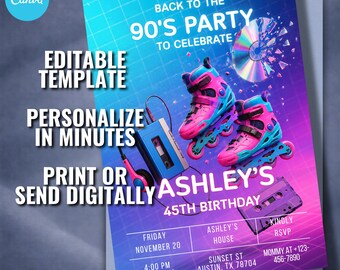 Retro 90s Roller Skate Party Invitation, Neon Birthday Template (5x7)
