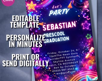 Neon Preschool Graduation Invitation, Boy Glow Party Invite, Editable Canva Template (5x7)