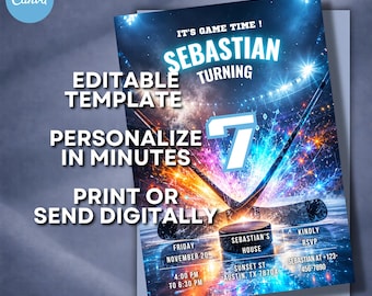 Editable Hockey Birthday Invitation, Ice Sports Party Template (5x7 Digital Invite)