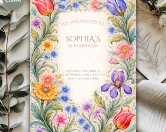 Plantilla de invitación de cumpleaños floral, elegante invitación de fiesta con flores en acuarela (descarga digital)