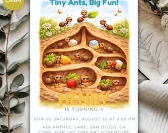 Invitación de cumpleaños editable con temática de hormigas, plantilla para fiesta "Tan pequeñas hormigas, ¡gran diversión!" (Canva 5x7)