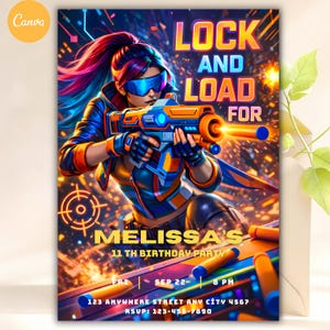 Invitación de cumpleaños ciberpunk, chica neón blaster, plantilla editable de Canva (descarga digital DIY 5x7)
