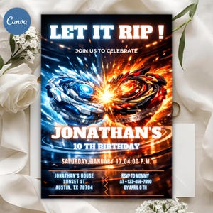 Redigerbar Beyblade-födelsedagsinbjudan, 5x7 pojkfestinbjudan, Canva-mall (digital nedladdning) bild 2