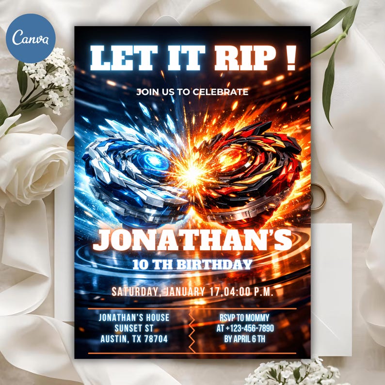 Redigerbar Beyblade-födelsedagsinbjudan, 5x7 pojkfestinbjudan, Canva-mall (digital nedladdning) bild 2
