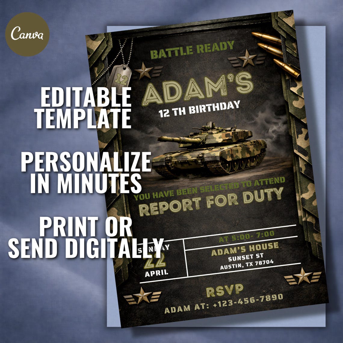 Editable Military Birthday Invitation, Army Tank Camouflage Canva ...