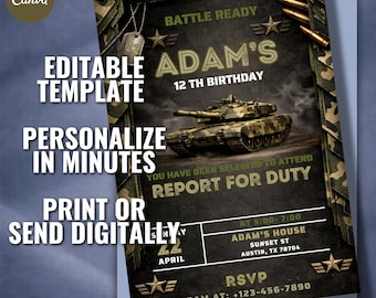 Invito di compleanno militare modificabile, modello Canva con mimetica di carro armato (download digitale)