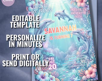 Dolphin Birthday Invitation Template | Editable Under The Sea Party Invite (5x7)