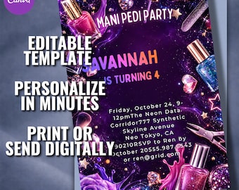 Purple Sparkle Spa Party Invitation, Girl Birthday Invite, Editable Canva Template (Digital Download)
