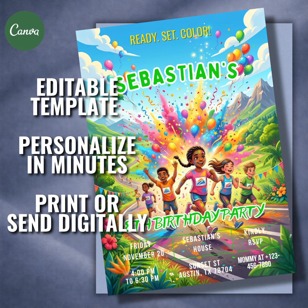 Running Invitation Background Color Run Birthday Invitation, Kids Running Party Template, Editable ...