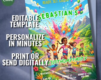 Color Run Birthday Invitation, Kids Running Party Template, Editable Canva Invite (Digital Download)