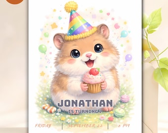 Hamster Birthday Invitation Template, Kids Party Invite (Canva Digital Download 5x7