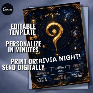 May include: A dark blue invitation with gold accents and a large gold question mark. The text reads "Join us for a Trivia Night!" and includes event details. The Canva logo is in the upper left corner.