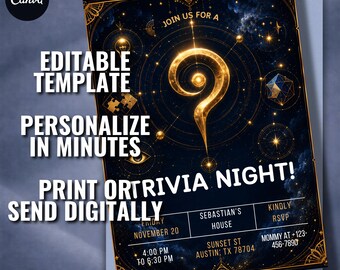 Editable Trivia Night Invitation, Gold Question Mark Game Night Invite (5x7 Template)