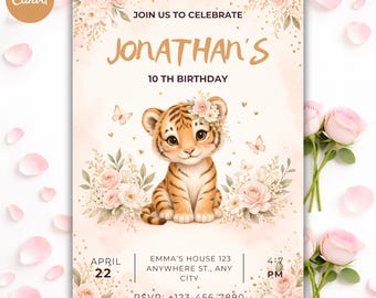 Editable Tiger Birthday Invitation, Pink Floral Baby Tiger Invite (Canva Template)