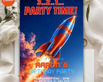 Invitación de cumpleaños con temática espacial: invitación para fiesta temática del espacio (plantilla de Canva)
