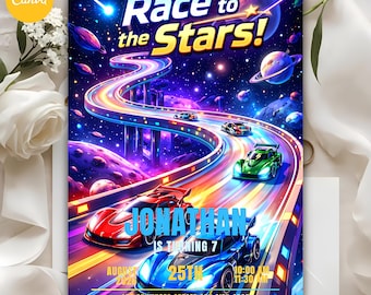 Invitación a la carrera espacial, invitación a fiesta de estrellas, cumpleaños de niño de 7 años (plantilla digital de Canva)
