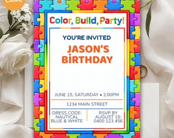 Plantilla editable de invitación de cumpleaños con bloques de construcción Lego, invitación digital de 5x7 para fiestas infantiles, plantilla de Canva para niños y niñas, descarga instantánea.