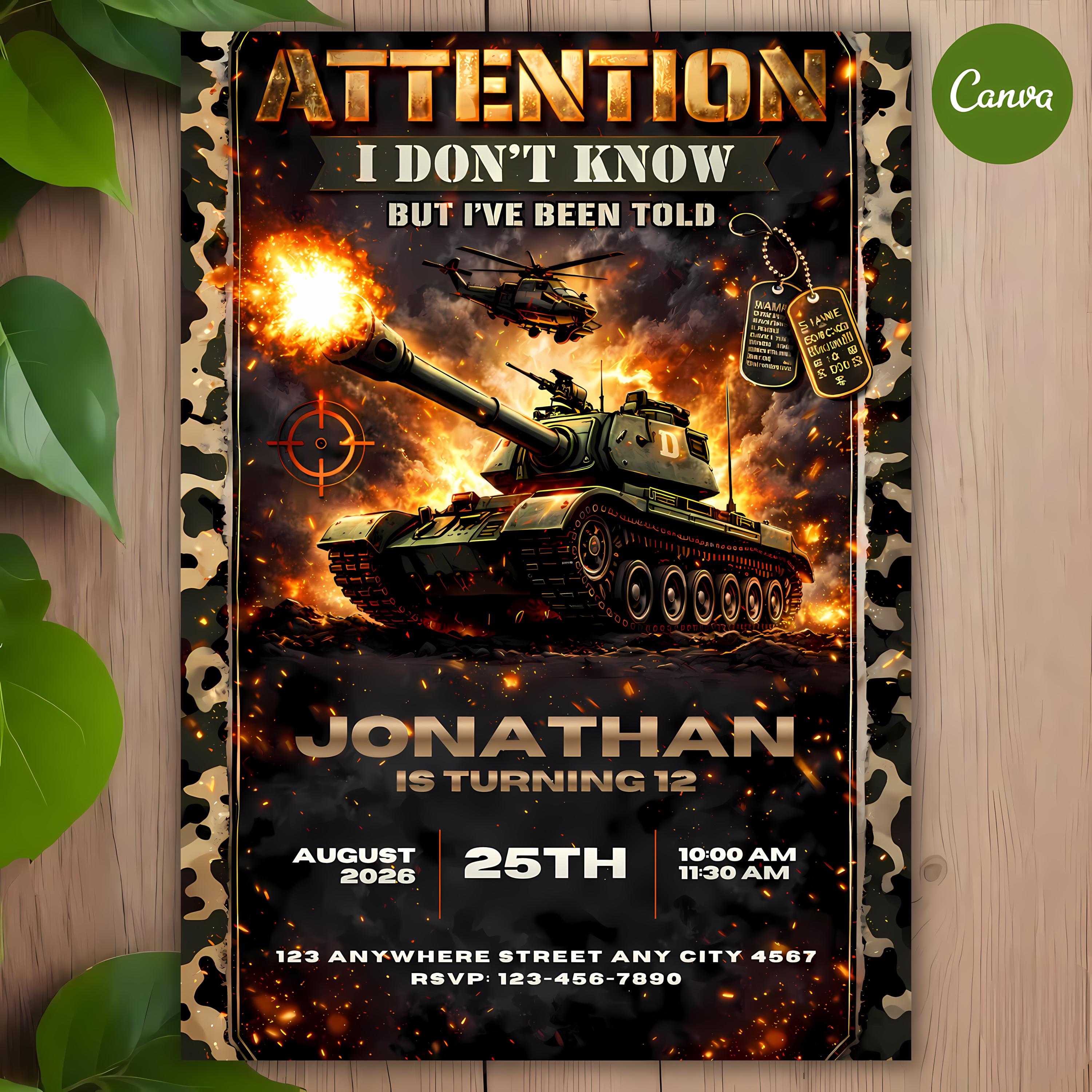 Tank Military Birthday Invitation, Camo Party, Editable Canva Template ...